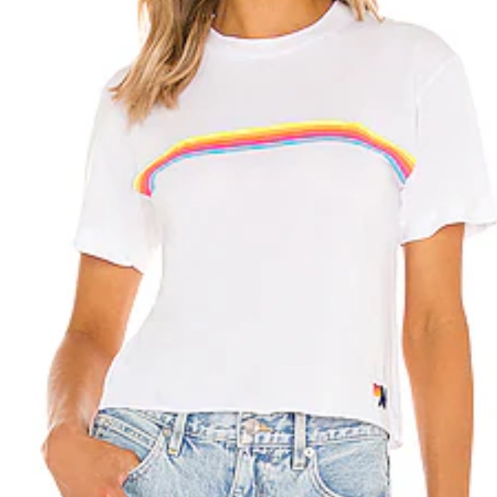 White T-Shirt with Rainbow Stripe